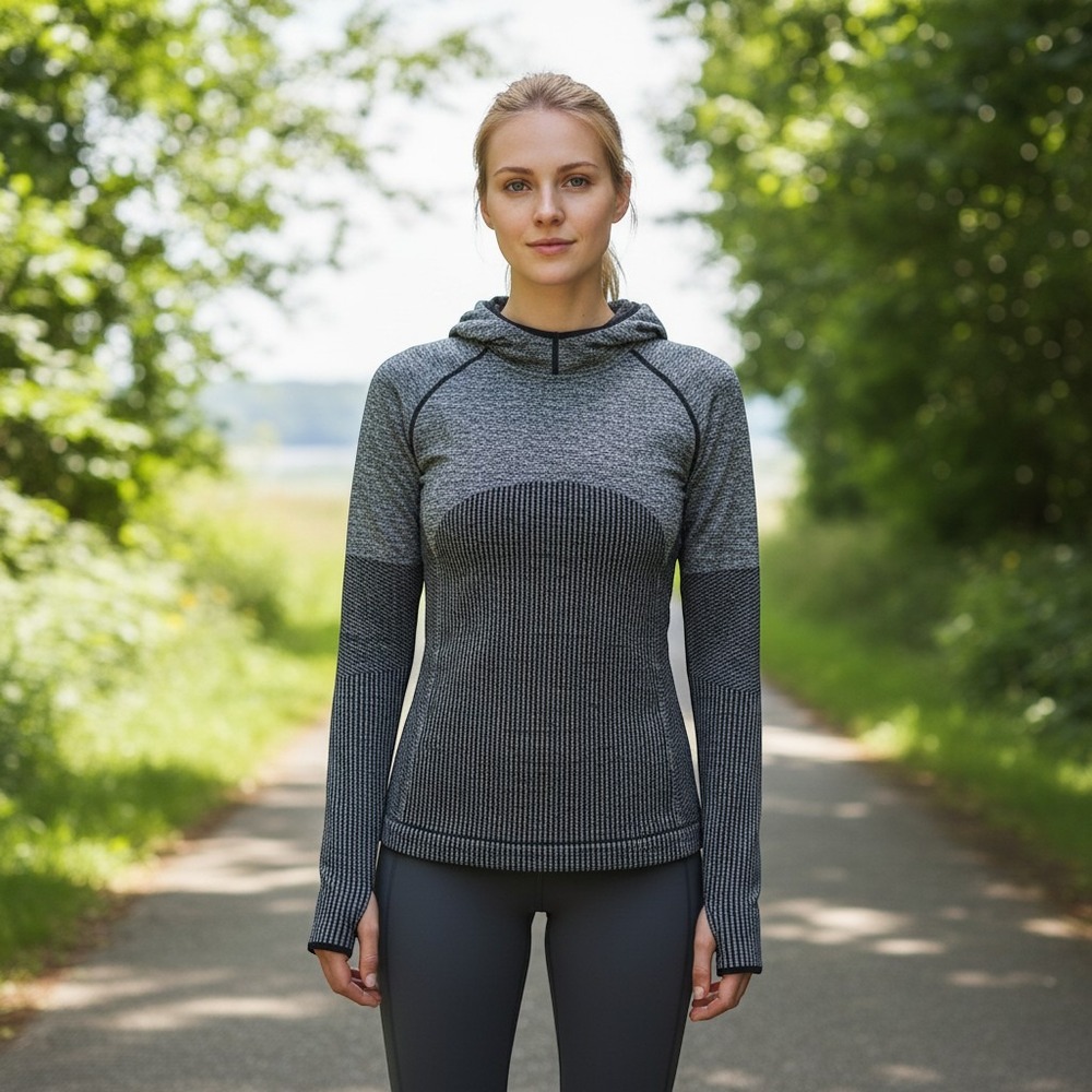 Gray‎ Marled Seamless Athletic Hoodie Long Sleeve Thumbhole Performance Top